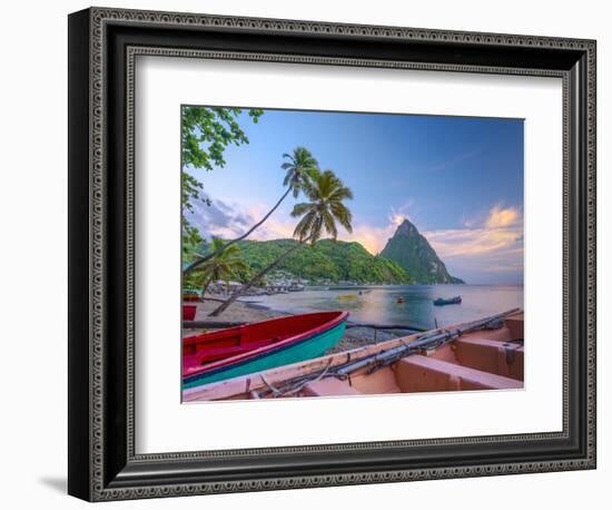 Caribbean, St Lucia, Soufriere Bay, Soufriere Beach and Petit Piton, Traditional Fishing Boats-Alan Copson-Framed Photographic Print