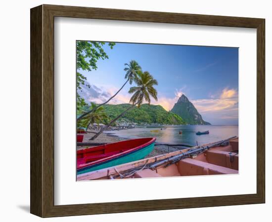 Caribbean, St Lucia, Soufriere Bay, Soufriere Beach and Petit Piton, Traditional Fishing Boats-Alan Copson-Framed Premium Photographic Print