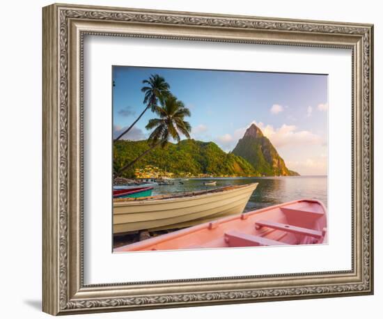 Caribbean, St Lucia, Soufriere Bay, Soufriere Beach and Petit Piton, Traditional Fishing Boats-Alan Copson-Framed Photographic Print