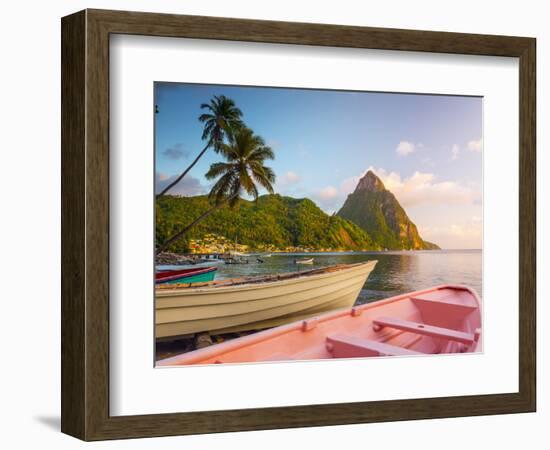 Caribbean, St Lucia, Soufriere Bay, Soufriere Beach and Petit Piton, Traditional Fishing Boats-Alan Copson-Framed Photographic Print