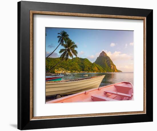 Caribbean, St Lucia, Soufriere Bay, Soufriere Beach and Petit Piton, Traditional Fishing Boats-Alan Copson-Framed Photographic Print