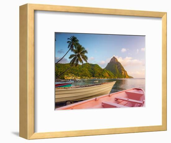 Caribbean, St Lucia, Soufriere Bay, Soufriere Beach and Petit Piton, Traditional Fishing Boats-Alan Copson-Framed Photographic Print