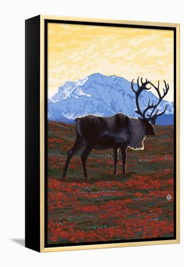 Caribou and Mountain-Lantern Press-Framed Stretched Canvas
