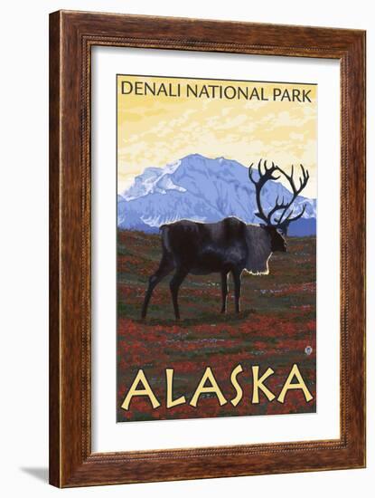 Caribou Scene, Denali National Park, Alaska-Lantern Press-Framed Art Print