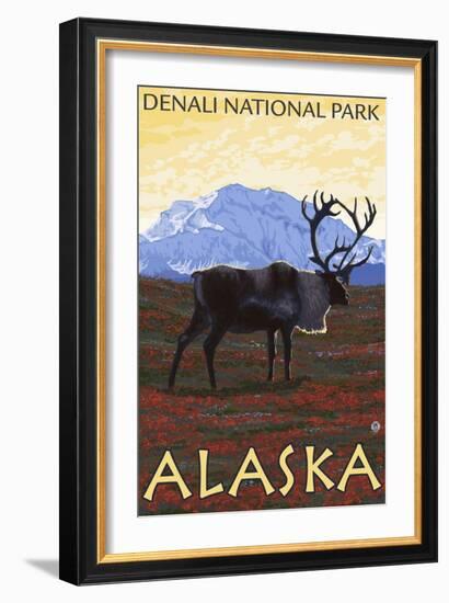 Caribou Scene, Denali National Park, Alaska-Lantern Press-Framed Art Print