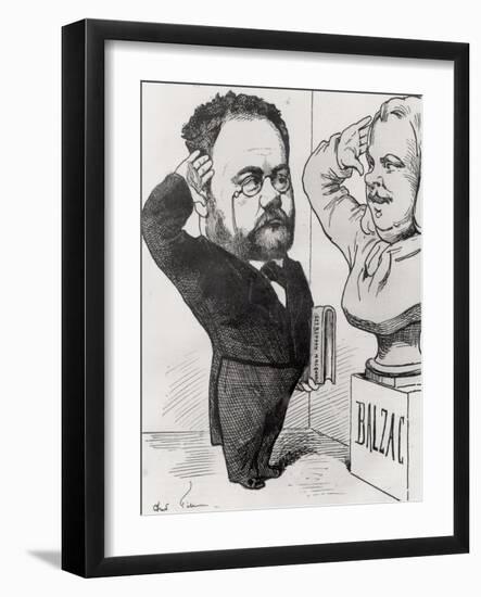 Caricature of Emile Zola Saluting a Bust of Honore de Balzac 1878-André Gill-Framed Giclee Print