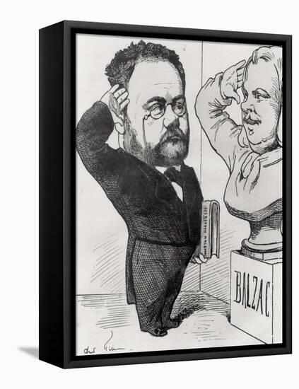 Caricature of Emile Zola Saluting a Bust of Honore de Balzac 1878-André Gill-Framed Premier Image Canvas