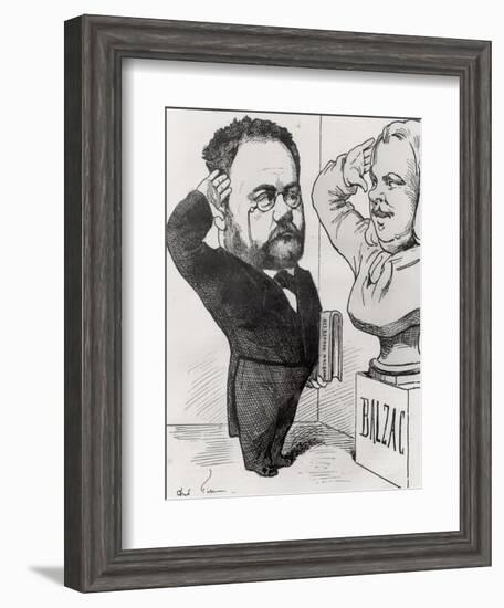 Caricature of Emile Zola Saluting a Bust of Honore de Balzac 1878-André Gill-Framed Giclee Print