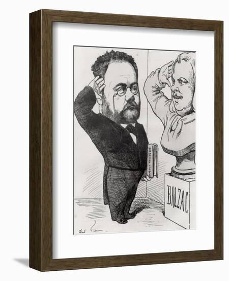 Caricature of Emile Zola Saluting a Bust of Honore de Balzac 1878-André Gill-Framed Giclee Print