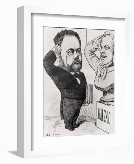 Caricature of Emile Zola Saluting a Bust of Honore de Balzac 1878-André Gill-Framed Giclee Print