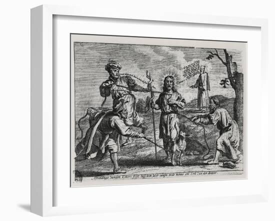 Caricature of Luther, Calvin and Menno Simons Disputing Christ and His Teaching-null-Framed Giclee Print