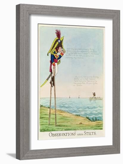 Caricature of Napoleon Standing on Stilts Observing Pitt and England Across the Channel-null-Framed Giclee Print