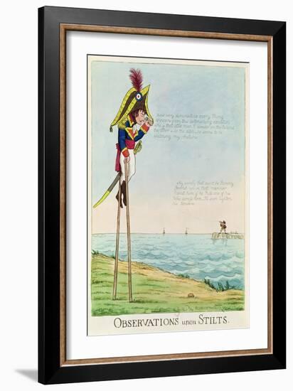 Caricature of Napoleon Standing on Stilts Observing Pitt and England Across the Channel-null-Framed Giclee Print