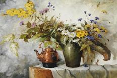 Cornflowers, Daisies and Other Flowers in a Vase by a Kettle on a Ledge-Carl H. Fischer-Premium Giclee Print