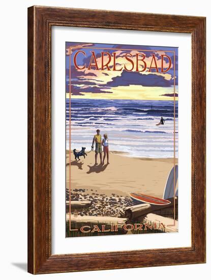 Carlsbad, California - Beach Scene and Surfers-Lantern Press-Framed Art Print