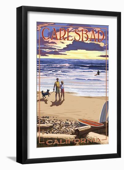 Carlsbad, California - Beach Scene and Surfers-Lantern Press-Framed Art Print