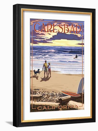 Carlsbad, California - Beach Scene and Surfers-Lantern Press-Framed Art Print