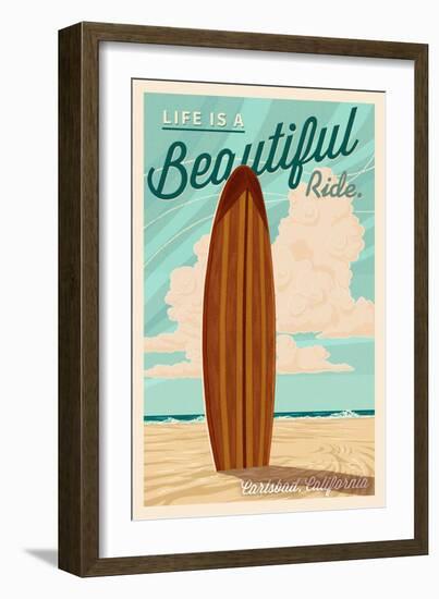 Carlsbad, California - Life is a Beautiful Ride Surfboard Letterpress-Lantern Press-Framed Art Print