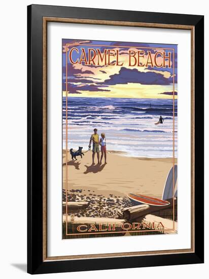 Carmel Beach, California - Sunset Beach Scene-Lantern Press-Framed Art Print