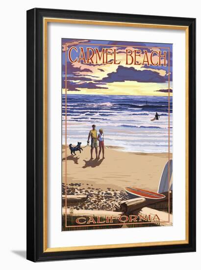 Carmel Beach, California - Sunset Beach Scene-Lantern Press-Framed Art Print