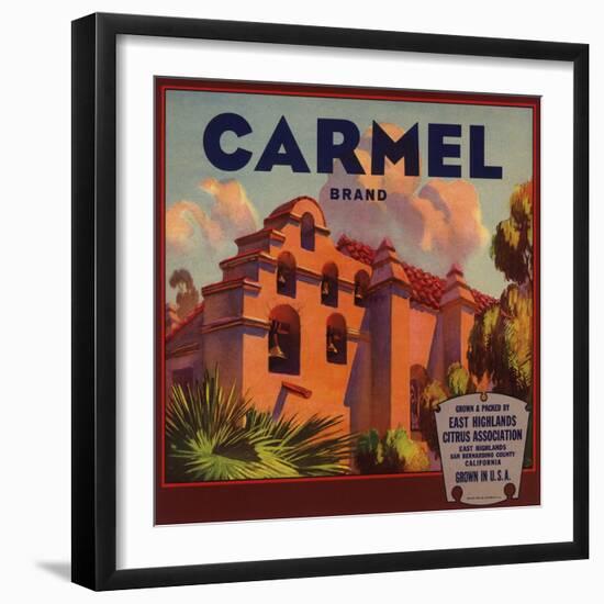 Carmel Brand - East Highlands, California - Citrus Crate Label-Lantern Press-Framed Art Print