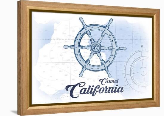 Carmel, California - Ship Wheel - Blue - Coastal Icon-Lantern Press-Framed Stretched Canvas