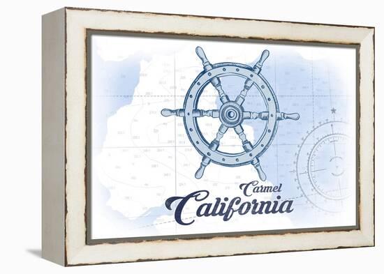 Carmel, California - Ship Wheel - Blue - Coastal Icon-Lantern Press-Framed Stretched Canvas