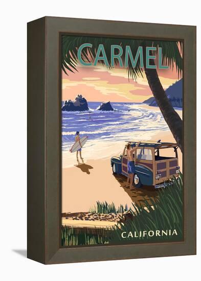 Carmel, California - Woody on the Beach-Lantern Press-Framed Stretched Canvas