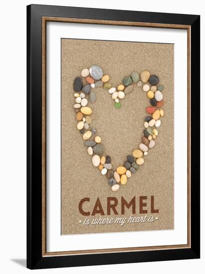 Carmel Is Where My Heart Is - California - Stone Heart on Sand-Lantern Press-Framed Art Print