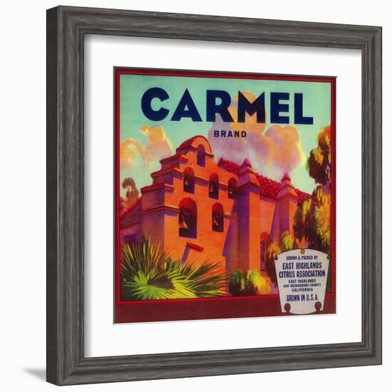 Carmel Orange Label - East Highlands, CA-Lantern Press-Framed Art Print