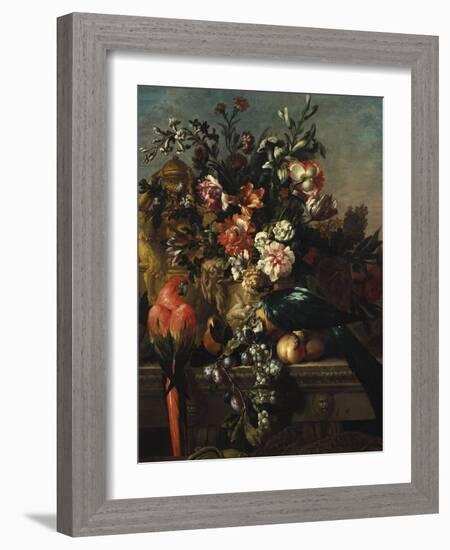 Carnations and Other Flowers with Parrots on a Pedestal-Pieter Casteels-Framed Giclee Print