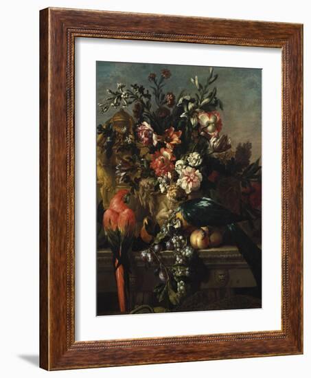 Carnations and Other Flowers with Parrots on a Pedestal-Pieter Casteels-Framed Giclee Print