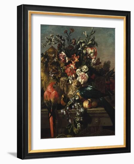 Carnations and Other Flowers with Parrots on a Pedestal-Pieter Casteels-Framed Giclee Print