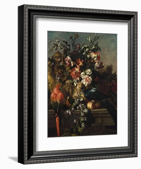 Carnations and Other Flowers with Parrots on a Pedestal-Pieter Casteels-Framed Giclee Print