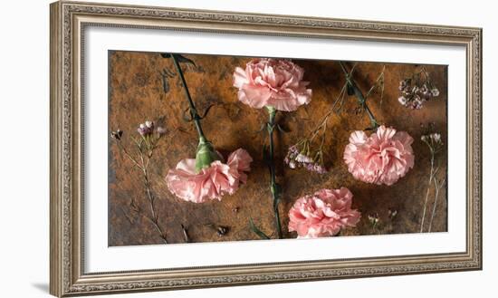 Carnations on the Brown Stone Table Top View-Denis Karpenkov-Framed Photographic Print