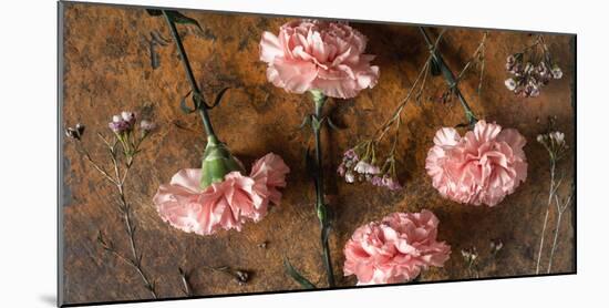 Carnations on the Brown Stone Table Top View-Denis Karpenkov-Mounted Photographic Print