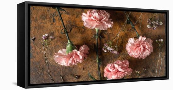Carnations on the Brown Stone Table Top View-Denis Karpenkov-Framed Premier Image Canvas