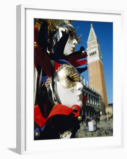 Carnival Masks on Souvenir Stand and Campanile, St. Marks Square, Venice, Veneto, Italy-Lee Frost-Framed Photographic Print