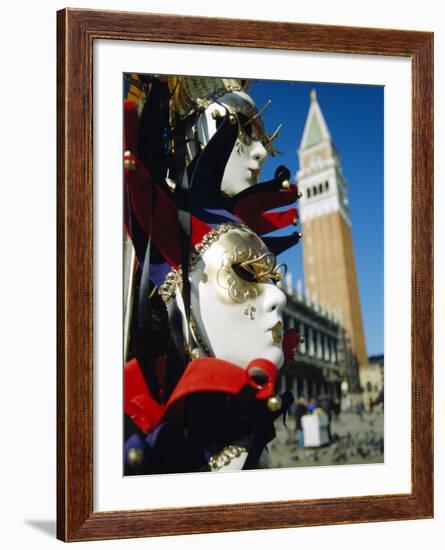 Carnival Masks on Souvenir Stand and Campanile, St. Marks Square, Venice, Veneto, Italy-Lee Frost-Framed Photographic Print