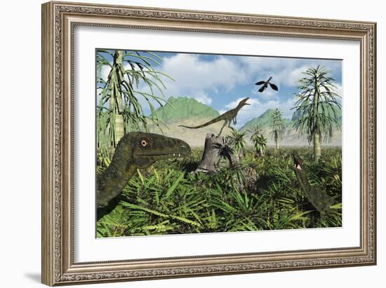 Carnivorous Juravenators Hunting During the Jurassic Period of Time-Stocktrek Images-Framed Art Print