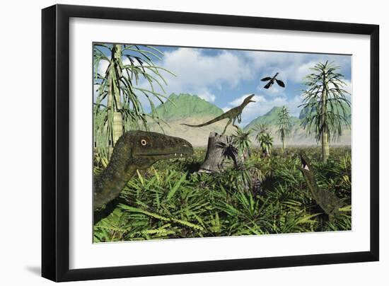 Carnivorous Juravenators Hunting During the Jurassic Period of Time-Stocktrek Images-Framed Art Print