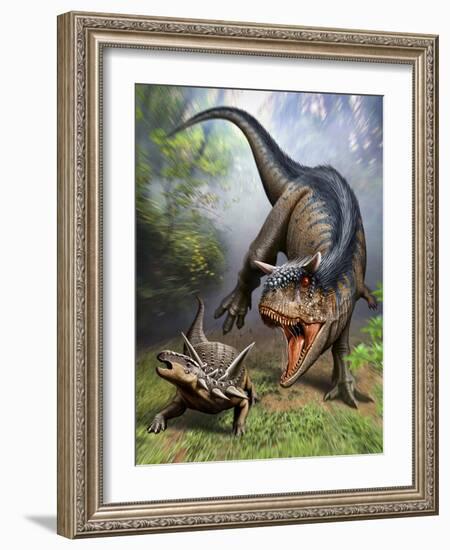 Carnotaurus Attacking an Antarctopelta Armored Dinosaur-Stocktrek Images-Framed Art Print