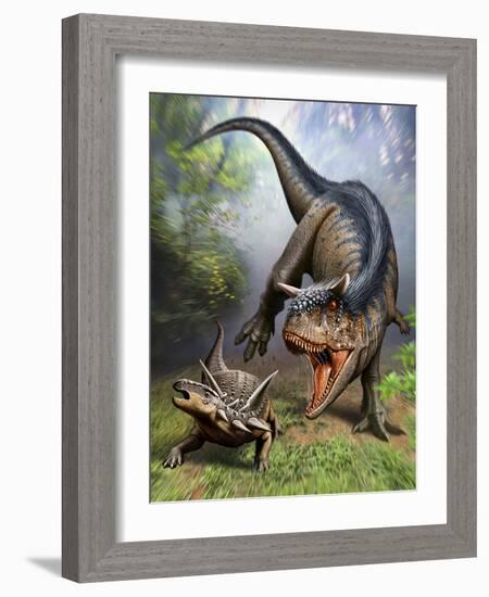 Carnotaurus Attacking an Antarctopelta Armored Dinosaur-Stocktrek Images-Framed Art Print