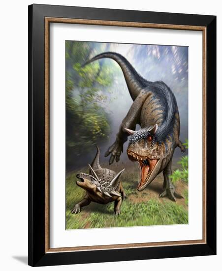 Carnotaurus Attacking an Antarctopelta Armored Dinosaur-Stocktrek Images-Framed Art Print