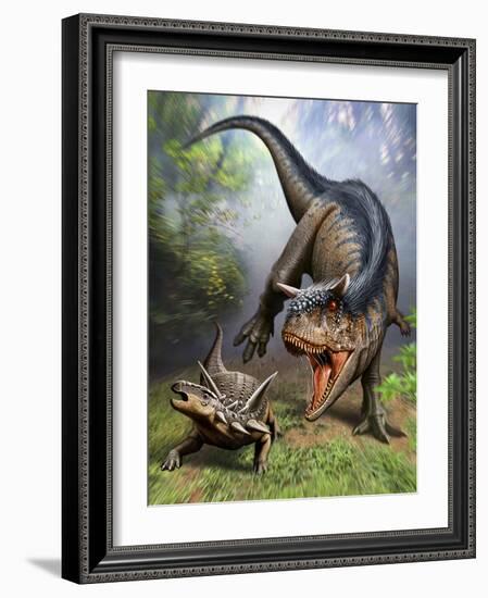 Carnotaurus Attacking an Antarctopelta Armored Dinosaur-Stocktrek Images-Framed Art Print