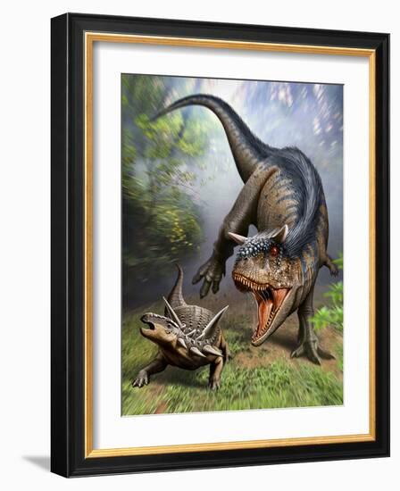 Carnotaurus Attacking an Antarctopelta Armored Dinosaur-Stocktrek Images-Framed Art Print