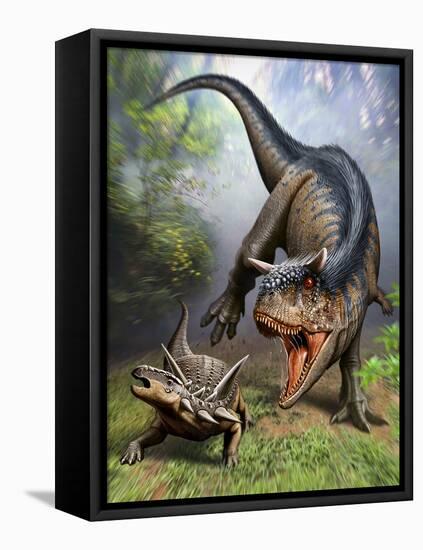 Carnotaurus Attacking an Antarctopelta Armored Dinosaur-Stocktrek Images-Framed Stretched Canvas