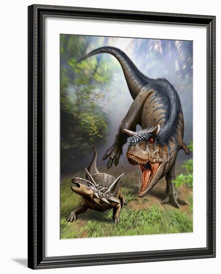 Carnotaurus Attacking an Antarctopelta Armored Dinosaur-Stocktrek Images-Framed Art Print