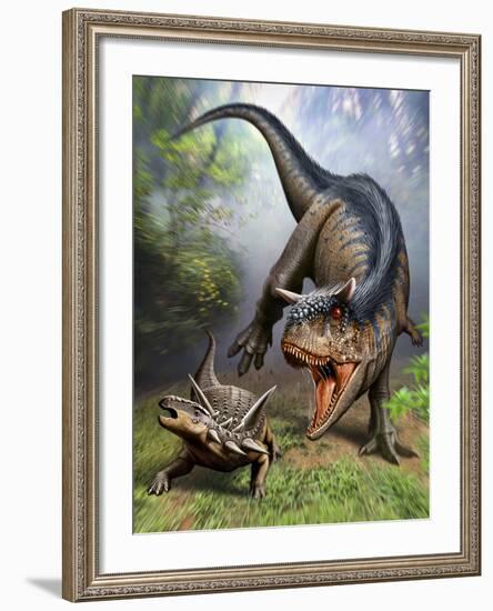 Carnotaurus Attacking an Antarctopelta Armored Dinosaur-Stocktrek Images-Framed Art Print