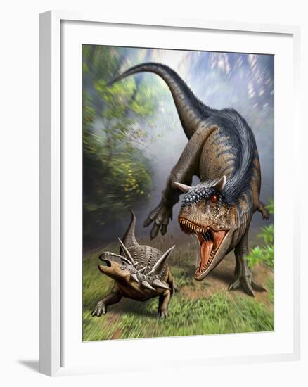 Carnotaurus Attacking an Antarctopelta Armored Dinosaur-Stocktrek Images-Framed Art Print